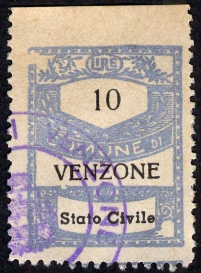 Marca da Bollo del Comune di VENZONE su Carta Bianca di dimensioni 22,5 x 29 mm