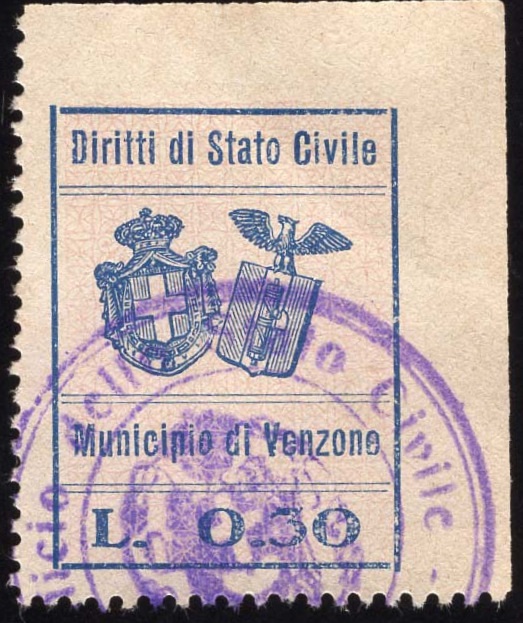 Marca da Bollo del Comune di VENZONE su Carta Bianca di dimensioni 22,5 x 25 mm