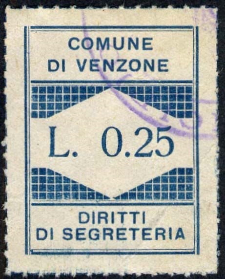Marca da Bollo del Comune di VENZONE su Carta Bianca di dimensioni 21 X 32 mm