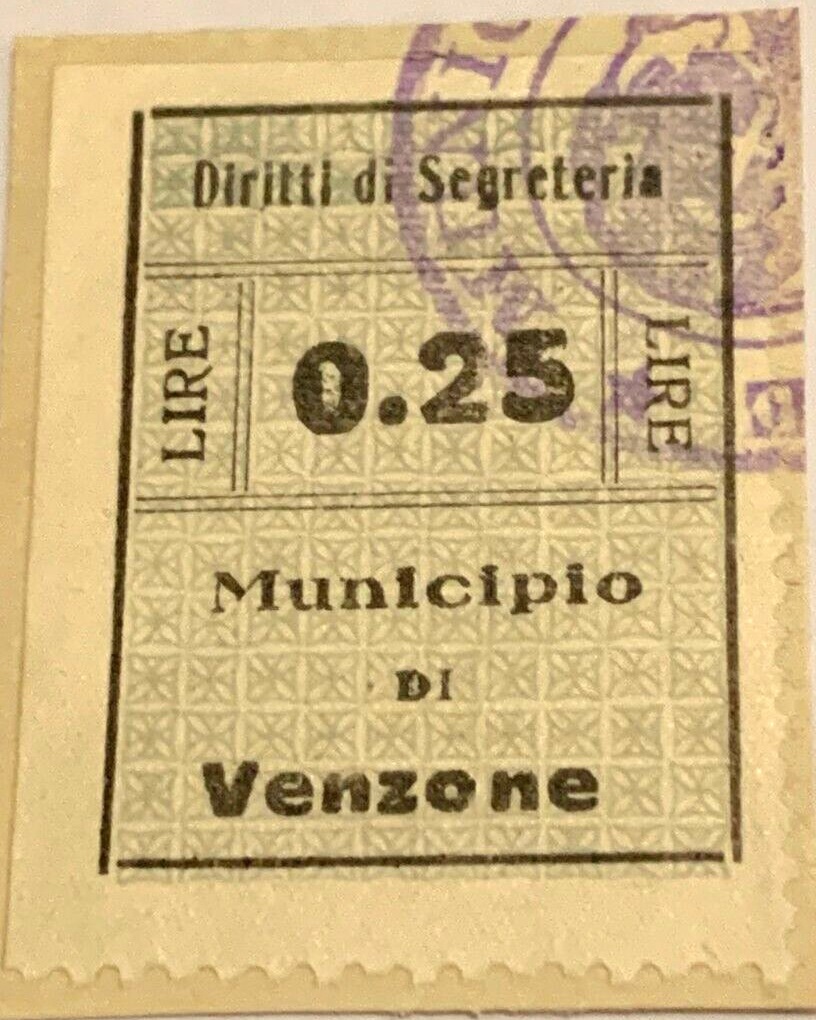 Marca da Bollo del Comune di VENZONE su Carta Bianca di dimensioni 22 x 29 mm