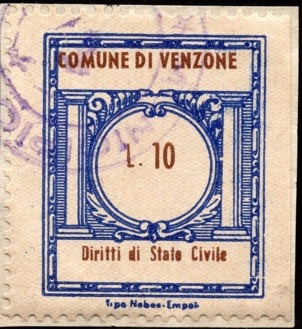 Marca da Bollo del Comune di VENZONE su Carta Bianca di dimensioni 21 X 25 mm
