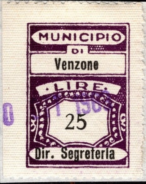 Marca da Bollo del Comune di VENZONE su Carta Bianca di dimensioni 21 X 25 mm