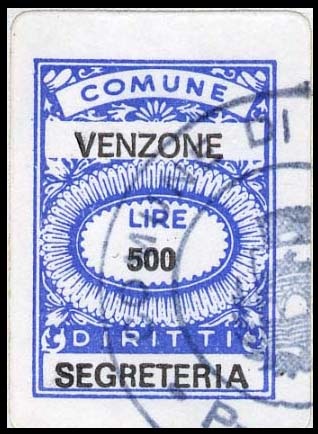 Marca da Bollo del Comune di VENZONE su Carta Bianca di dimensioni 17 x 24 mm