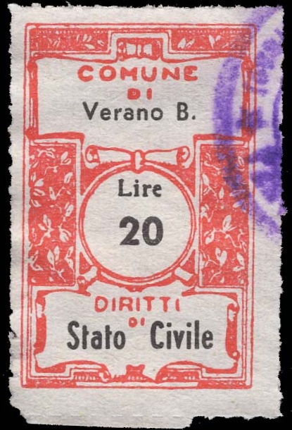 Marca da Bollo del Comune di VERANO BRIANZA su Carta Bianca Sottile di dimensioni 22 x 34 mm