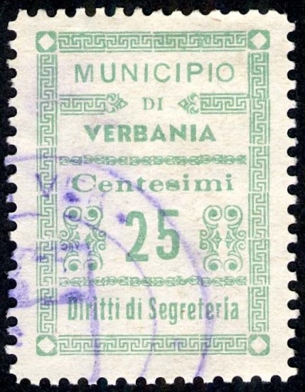 Marca da Bollo del Comune di VERBANIA su Carta Bianca Sottile di dimensioni 22,5 x 31,5 mm