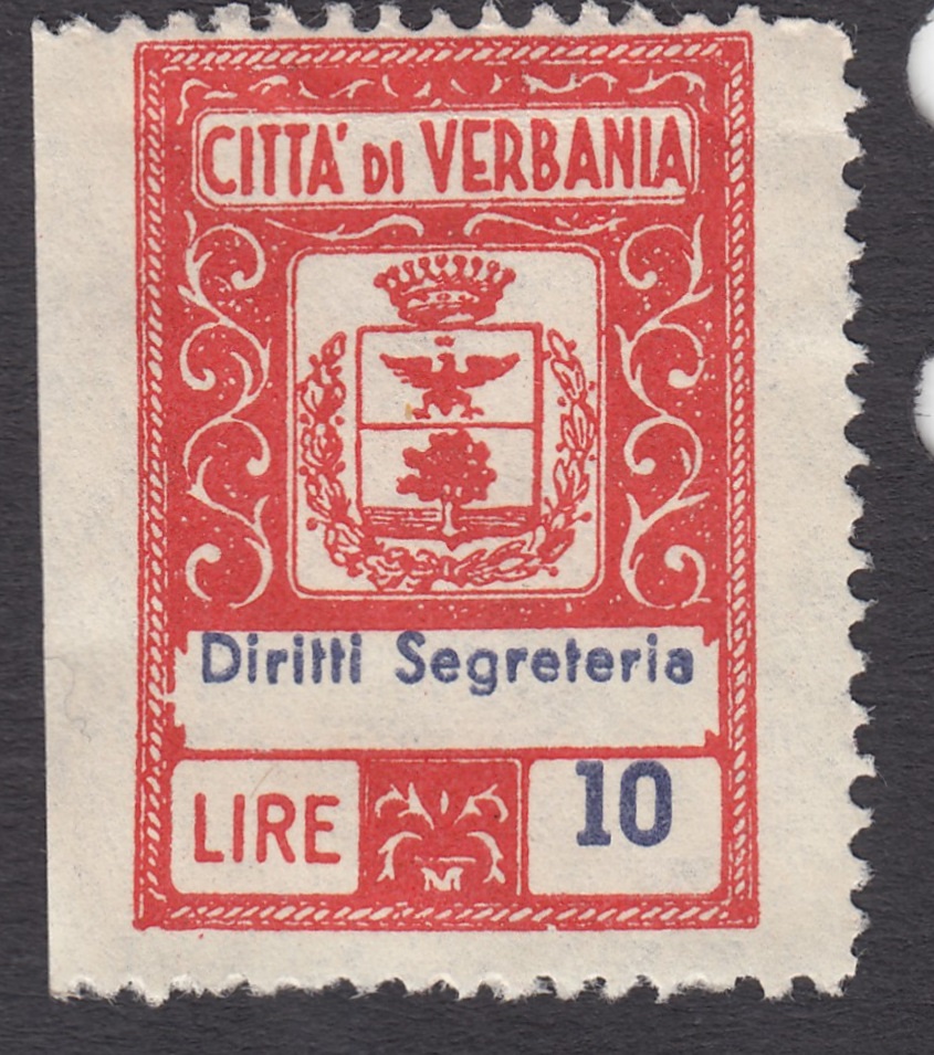 Marca da Bollo del Comune di VERBANIA su Carta Bianca Sottile di dimensioni 22,5 x 32 mm