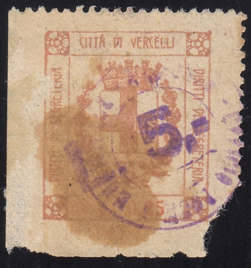 Marca da Bollo del Comune di VERCELLI su Carta Bianca Sottile di dimensioni 23 x 26 mm