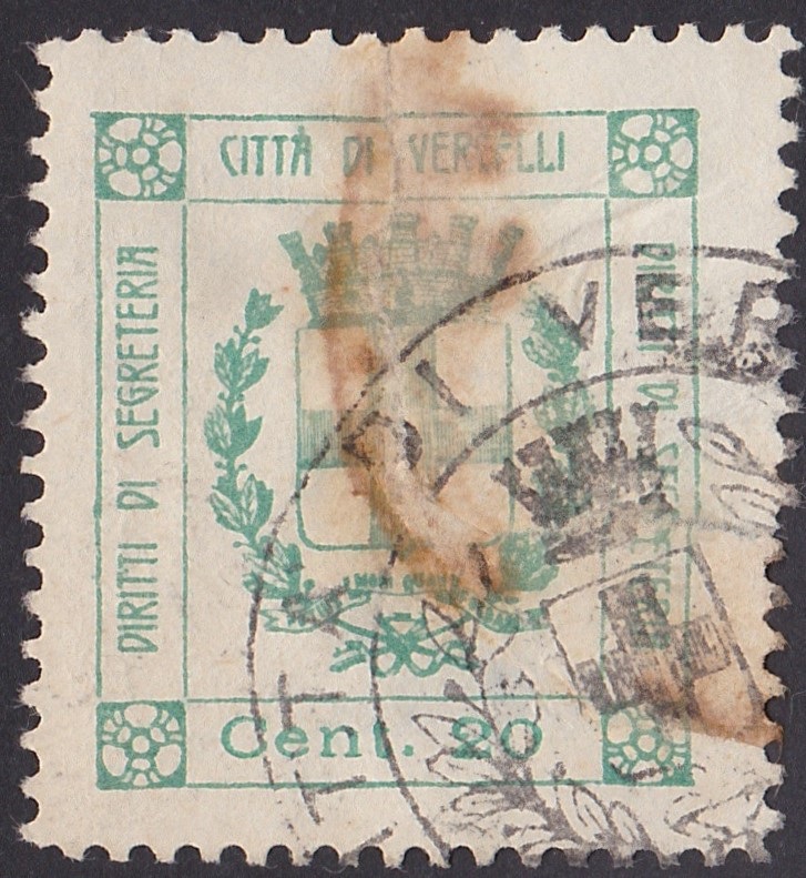 Marca da Bollo del Comune di VERCELLI su Carta Bianca Sottile di dimensioni 22,5 x 25,5 mm