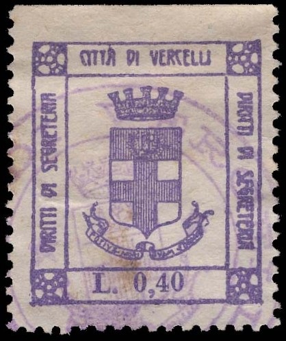 Marca da Bollo del Comune di VERCELLI su Carta Bianca di dimensioni 23,5 x 27 mm