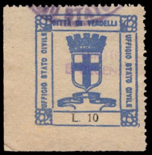 Marca da Bollo del Comune di VERCELLI su Carta Bianca di dimensioni 23 x 27 mm