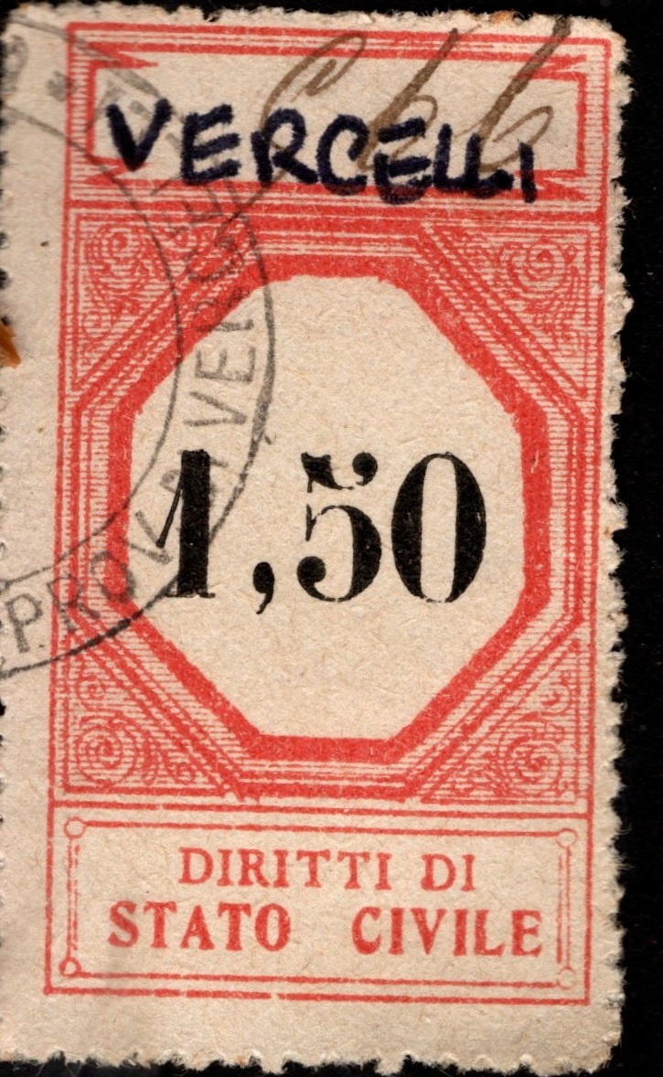 Marca da Bollo del Comune di VERCELLI su Carta Bianca di dimensioni 24,5 x 43,5 mm