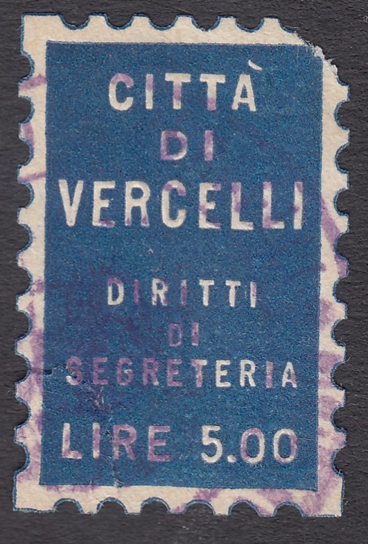 Marca da Bollo del Comune di VERCELLI su Carta Bianca di dimensioni 16,5 x 26,5 mm