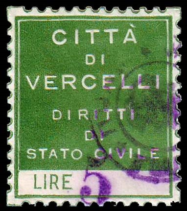 Marca da Bollo del Comune di VERCELLI su Carta Bianca di dimensioni 27,5 x 31 mm