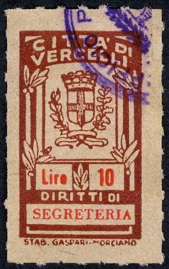 Marca da Bollo del Comune di VERCELLI su Carta Bianca Sottile di dimensioni 17 x 30 mm