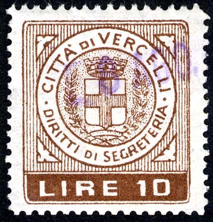 Marca da Bollo del Comune di VERCELLI su Carta Bianca di dimensioni 23,5 x 26 mm