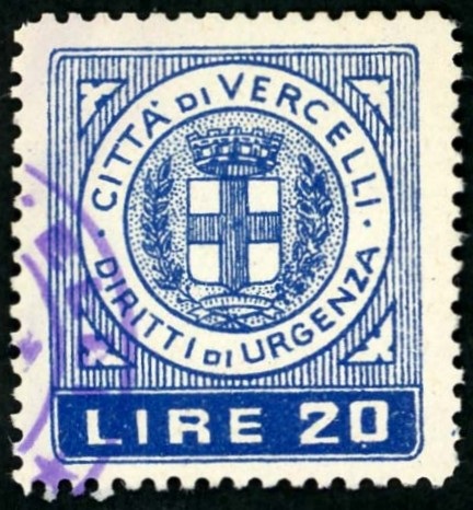 Marca da Bollo del Comune di VERCELLI su Carta Bianca Sottile di dimensioni 23,5 x 26 mm