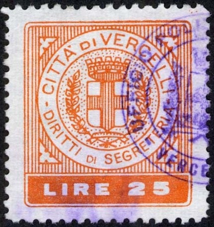 Marca da Bollo del Comune di VERCELLI su Carta Bianca di dimensioni 23,5 x 26 mm