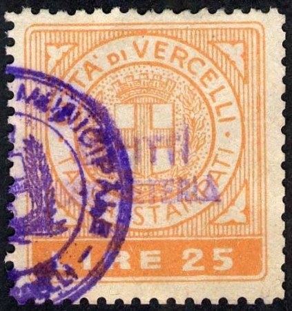 Marca da Bollo del Comune di VERCELLI su Carta Colorata di dimensioni 23,5 x 26 mm