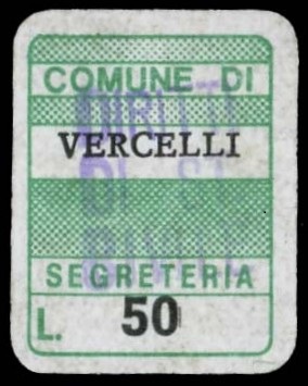 Marca da Bollo del Comune di VERCELLI su Carta Bianca di dimensioni 15 x 20,5 mm