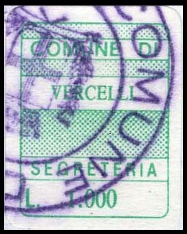 Marca da Bollo del Comune di VERCELLI su Carta Bianca di dimensioni 15 x 20,5 mm