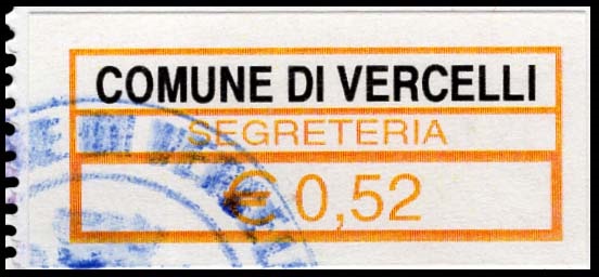 Marca da Bollo del Comune di VERCELLI su Carta Bianca di dimensioni 32 x 12 mm