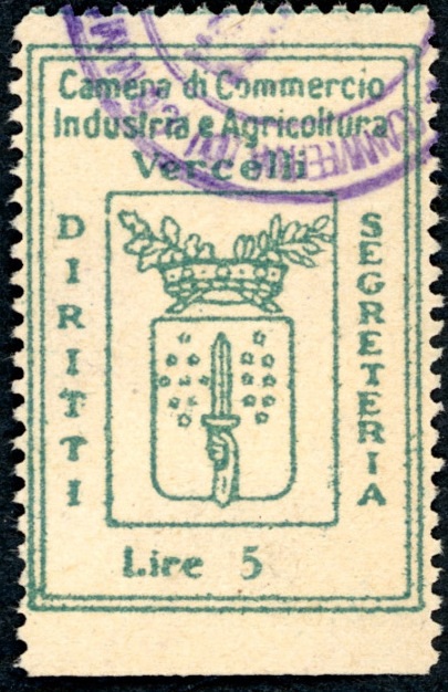 Marca da Bollo del Comune di VERCELLI su Carta Bianca Sottile di dimensioni 25 x 36 mm