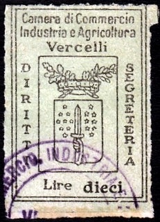 Marca da Bollo del Comune di VERCELLI su Carta Bianca Sottile di dimensioni 25 x 36 mm