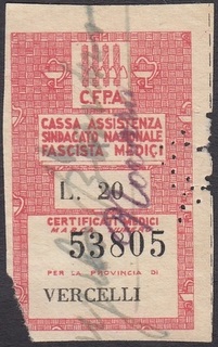 Marca da Bollo del Comune di VERCELLI su Carta Bianca di dimensioni 27,5 x 46 mm