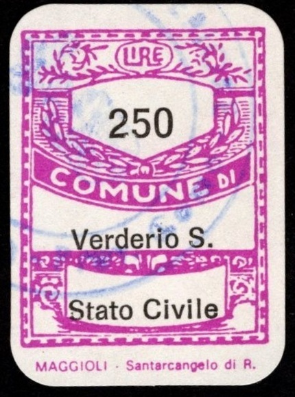 Marca da Bollo del Comune di VERDERIO SUPERIORE su Carta Bianca di dimensioni 19 x 21 mm