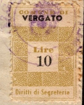 Marca da Bollo del Comune di VERGATO su Carta Bianca di dimensioni 19 x 28 mm