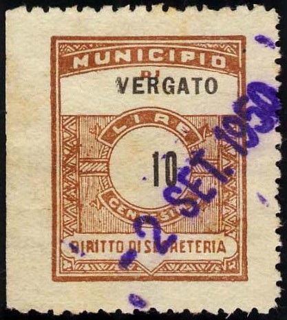 Marca da Bollo del Comune di VERGATO su Carta Bianca di dimensioni mm
