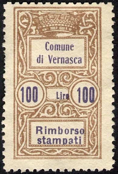 Marca da Bollo del Comune di VERNASCA su Carta Bianca di dimensioni mm