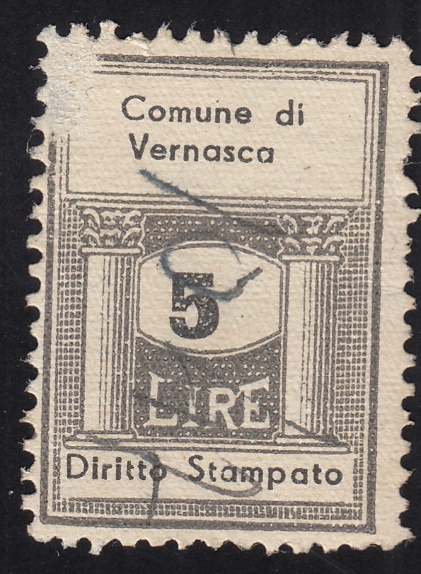Marca da Bollo del Comune di VERNASCA su Carta Bianca di dimensioni 22 X 33 mm