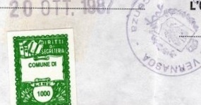 Marca da Bollo del Comune di VERNASCA su Carta Bianca di dimensioni 20 x 27 mm