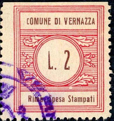 Marca da Bollo del Comune di VERNAZZA su Carta Bianca di dimensioni 22 x 25,5 mm