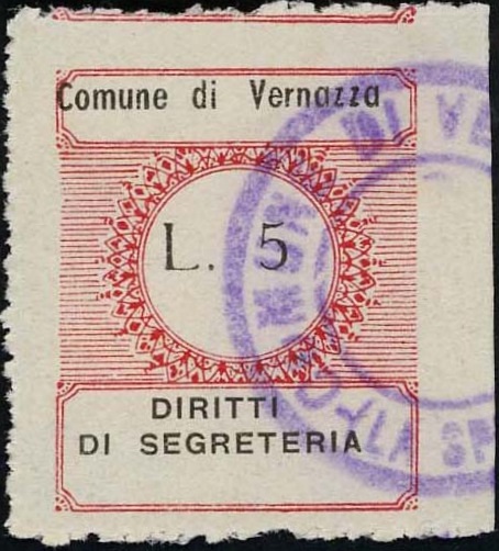 Marca da Bollo del Comune di VERNAZZA su Carta Bianca di dimensioni 23 x 28 mm