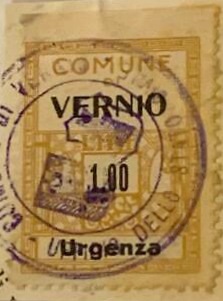 Marca da Bollo del Comune di VERNIO su Carta Bianca Sottile di dimensioni 21 X 27 mm