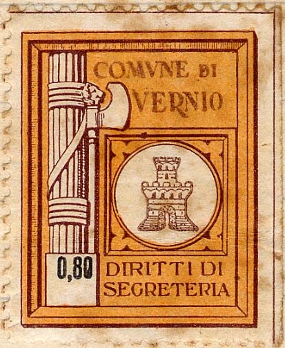 Marca da Bollo del Comune di VERNIO su Carta Bianca di dimensioni 24 x 30 mm