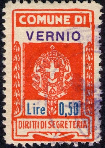 Marca da Bollo del Comune di VERNIO su di dimensioni 19 x 30,5 mm