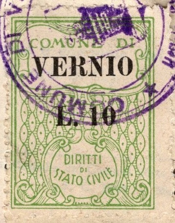 Marca da Bollo del Comune di VERNIO su Carta Bianca di dimensioni 22 x 29 mm