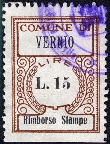 Marca da Bollo del Comune di VERNIO su Carta Bianca di dimensioni 24 x 31,5 mm