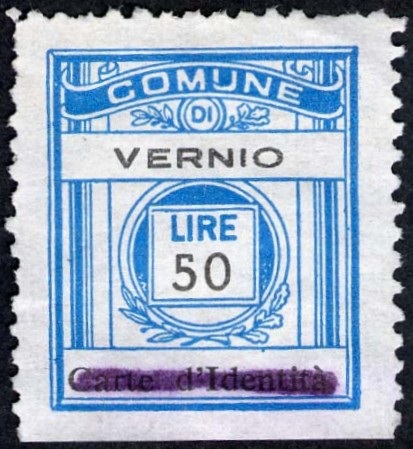 Marca da Bollo del Comune di VERNIO su Carta Bianca di dimensioni 21 x 24,5 mm