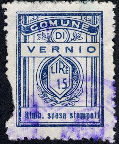 Marca da Bollo del Comune di VERNIO su Carta Bianca di dimensioni 21,5 x 28,5 mm