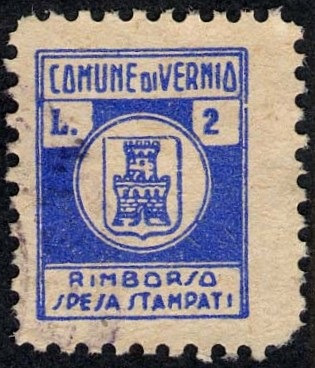 Marca da Bollo del Comune di VERNIO su Carta Bianca di dimensioni 20 x 22 mm