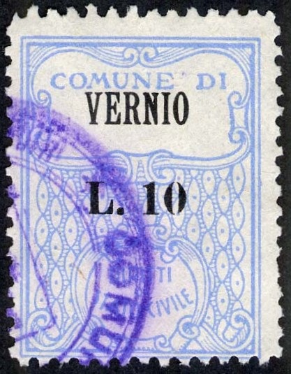 Marca da Bollo del Comune di VERNIO su Carta Bianca di dimensioni mm