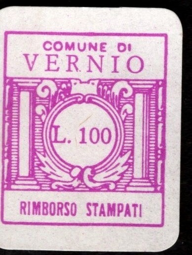 Marca da Bollo del Comune di VERNIO su Carta Bianca di dimensioni 15 c 23 mm