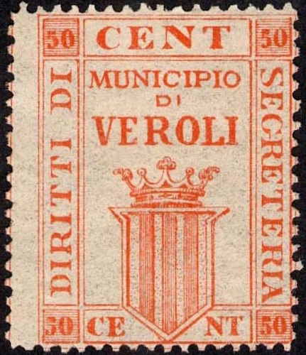 Marca da Bollo del Comune di VEROLI su Carta Bianca di dimensioni 25 x 32,5 mm