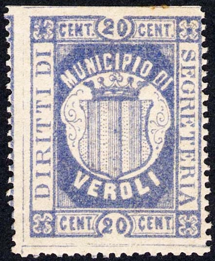 Marca da Bollo del Comune di VEROLI su Carta Bianca di dimensioni 24,5 x 32 mm