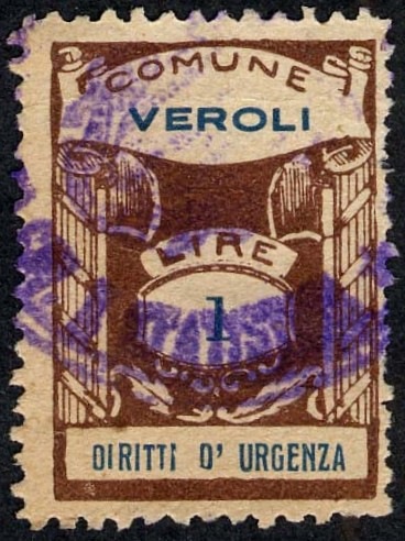 Marca da Bollo del Comune di VEROLI su Carta Bianca di dimensioni 20 x 28,5 mm