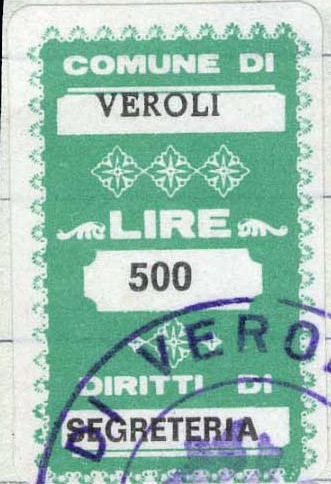 Marca da Bollo del Comune di VEROLI su Carta Bianca Sottile di dimensioni 19,5 x 32 mm